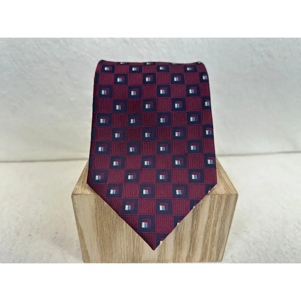 Gaspara Extra Long Pure Silk Tie Burgundy Geometric Squares